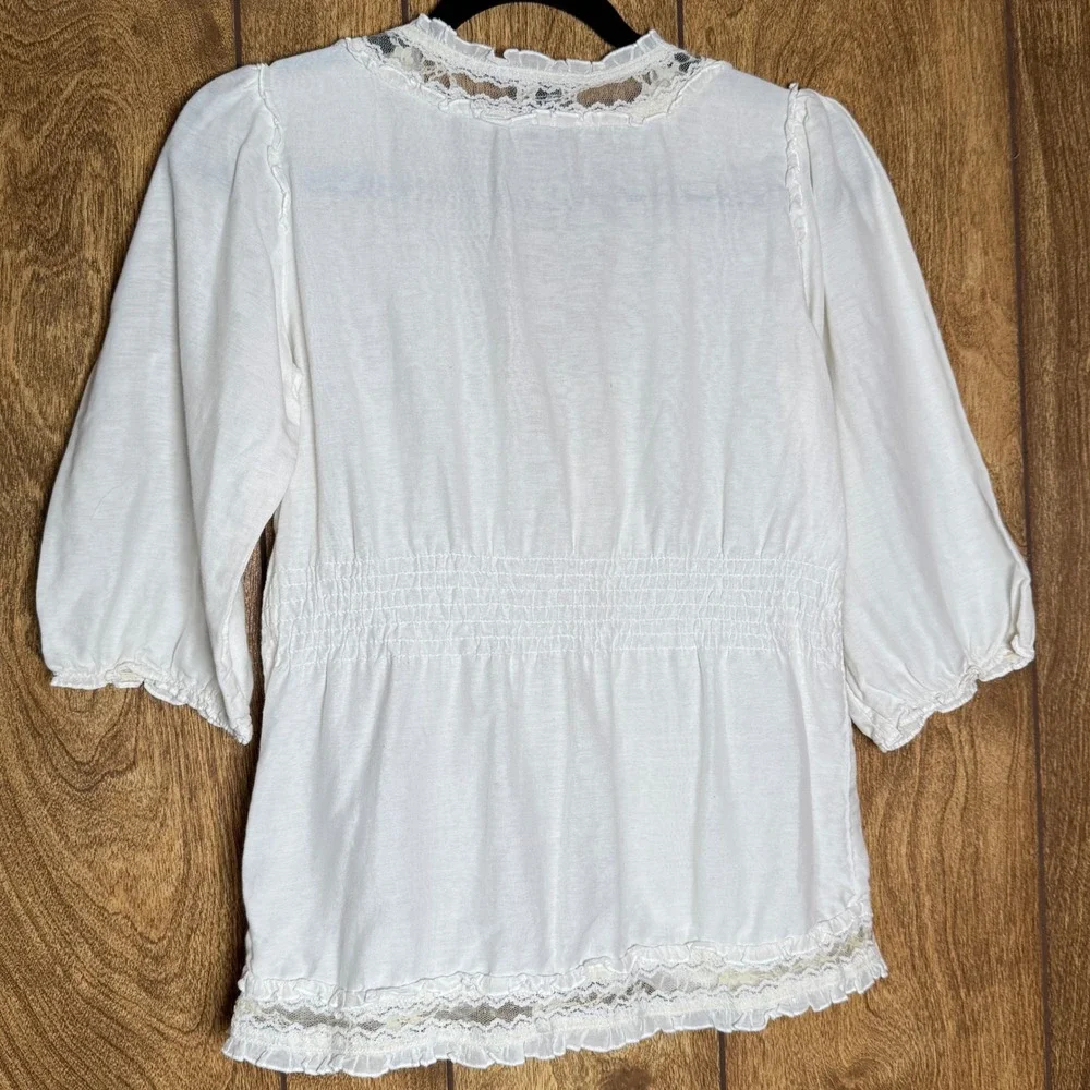 Central Park West White Cotton/Silk Blouse Lace Trim Top Boho Prairie Cottage S - Picture 4 of 7